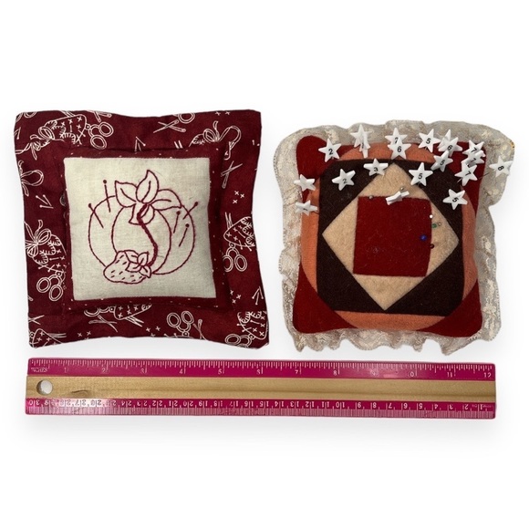 Vintage Handmade Pincushions‎ Quilted and Embroidered Crewel with Lace Edge - Picture 3 of 5